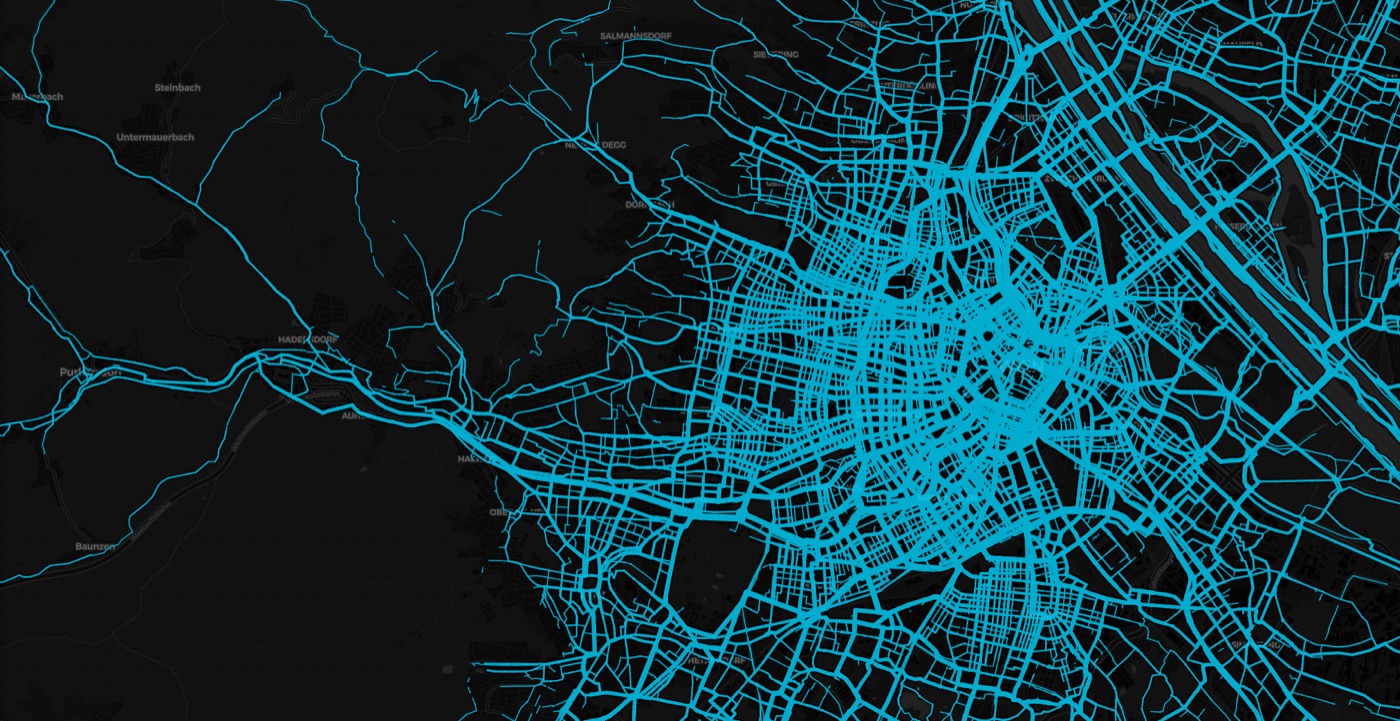 Intensity heatmap of cycling in Vienna: bright blue lines on a dark map