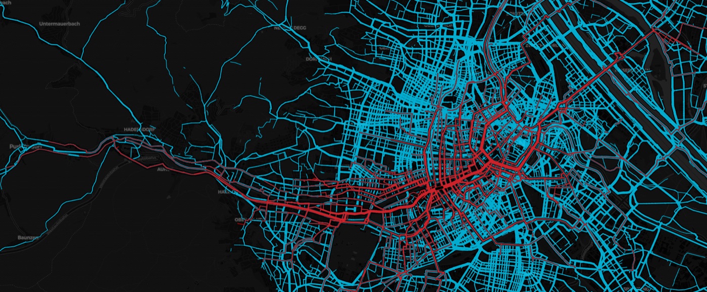 Traffic Spider: routes through a selected segment in Vienna highlighted in red